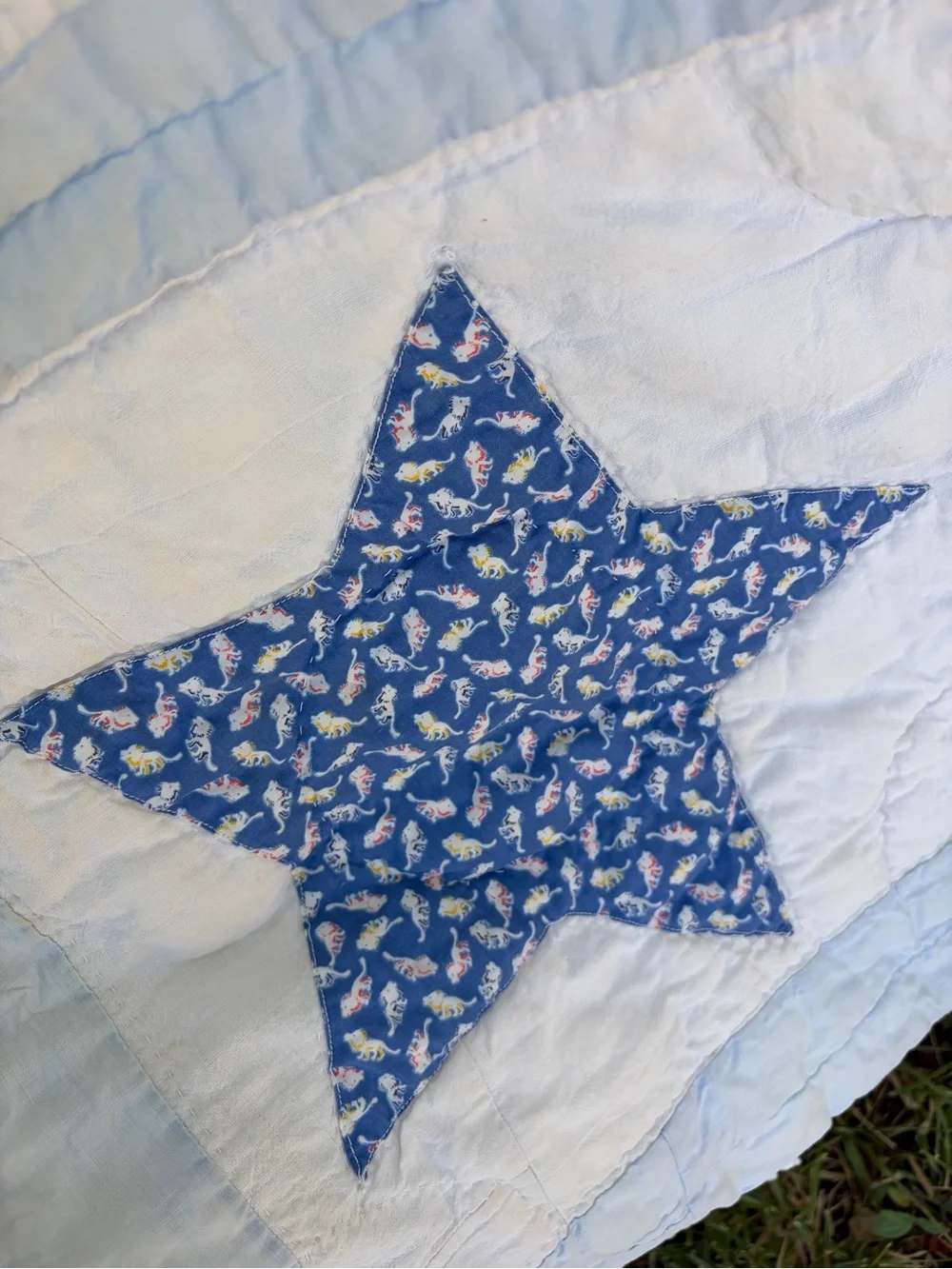 Antique Handmade Patchwork Star Quilt in Blue, Pink, & Yellow-62x78”